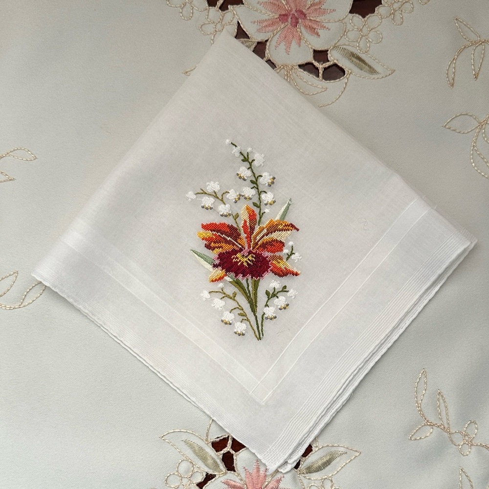 Delicate Embroidered Butterfly Flower & Lily of the Valley Handkerchief